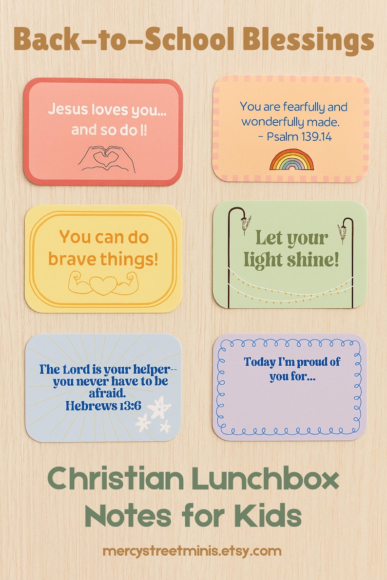 May include: A collection of six colorful Christian Lunchbox Notes for Kids with inspirational messages. The notes feature various designs, including a rainbow, hearts, and stars, with phrases like "Jesus loves you" and "Let your light shine!"
