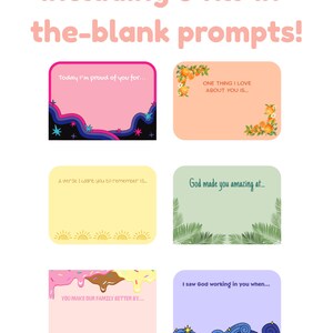May include: A set of six fill-in-the-blank prompts in pastel colors. Each prompt has a unique design, including floral, wave, and star motifs. The text includes phrases like "Today I'm proud of you for..." and "God made you amazing at..."