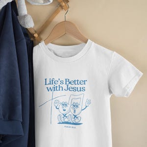 Camiseta de manga corta azul y blanca para niño pequeño, símbolo de la cruz musical de Jesús, camiseta religiosa para niño, ropa cristiana para bebé, bonito atuendo para la iglesia.