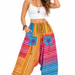 Colourful Patchwork Harem Trousers Women Boho Cotton Drop Crotch Pants Festival Hippie Free Size UK 6-16