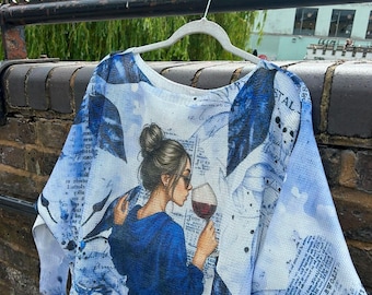 Oversized Batwing Boat Neck Graphic Knit Top/ Jumper: Vintage Magazine Print, Relaxed Boho Style