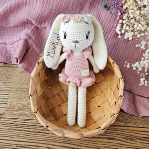 First plush toy with babys name, handmade crochet bunny plush, soft pink amigurumi rabbit, baby gift, nursery decor for little girl