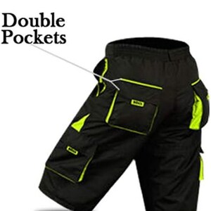 May include: Black cycling shorts with yellow trim and two large pockets on the back. The text "Double Pockets" is written on the image.