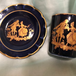 Antique Limoges -French Mini Teacup Navy Blue&Gold