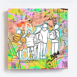 May include: A vibrant, pop art style illustration featuring a group of people standing near a car. The artwork uses bold outlines and a neon color palette with splashes of pink, yellow, and green. The word "ISRA" is visible.