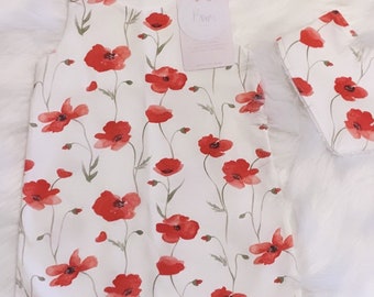 Baby girls red poppy field romper, leggings and romper dress options with matching bib, turban and headband options.