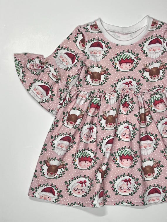 Baby girls pink Christmas mrs Claus rudolf romper, leggings and dress  options with matching bib, turban and headband options First Christmas