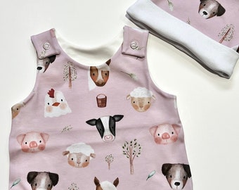 Baby girls (pink) on the farm baby animals, chick, handmade romper, leggings, dress, with hat and bib options. Design by Lumelo and ginger