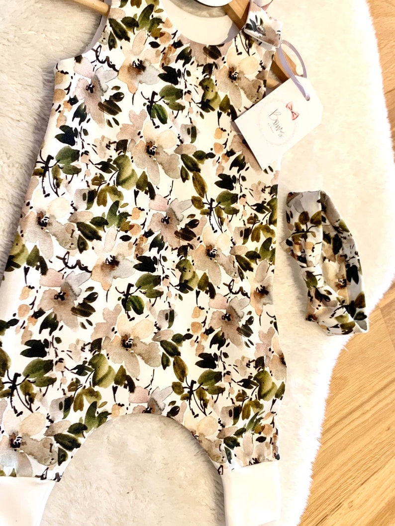 Baby children\u2019s girls apple tree blossom green print romper with matching headband turban bib hat option ideal baby gift baby shower unisex