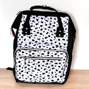 multi storage mummy mommy nappy baby changing bag in Dalmatian print design. travel bag, maternity bag, hospital bag, baby gift