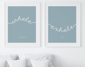Inhale Exhale Printable Wall Art | Set of 2 Prints | Blue Yoga Studio Decor | Above Bed Art Print | Master Bedroom Wall Decor, Breathe Print