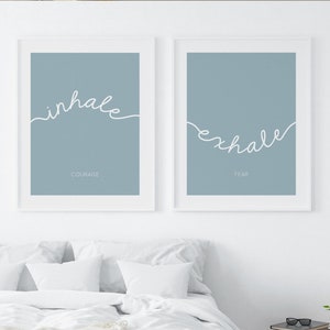 Stampa artistica da parete &quot;Inspira espira&quot; / Set di 2 stampe / Decorazione per studio yoga blu / Stampa artistica sopra il letto / Decorazione da parete per camera da letto principale, stampa &quot;Respira&quot;