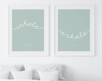 Grafika ścienna do druku: Wdech, Wydech | Minimalistyczny zestaw 2 plakatów z jogą | Plakaty z motywem uważnego oddychania | Dekoracja nad łóżko | Plakat z motywem spokojnego oddechu