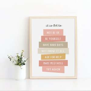 Póster &quot;Está bien no estar bien&quot;, descarga instantánea, arte de pared imprimible con afirmaciones para niños, póster para educación en casa, decoración del aula, educación positiva
