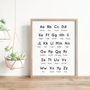 Alfabetposter met positieve affirmaties | Karaktersterkten van A tot Z | Grafiek voor emotioneel leren thuisonderwijs | ABC-groeimindsetprint voor kinderen