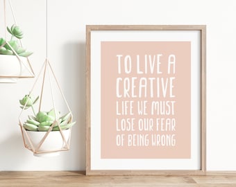 Sztuka ścienna Creative Life, natychmiastowe pobranie, sztuka ścienna do druku, pozbądź się strachu przed popełnieniem błędu, typografia do druku