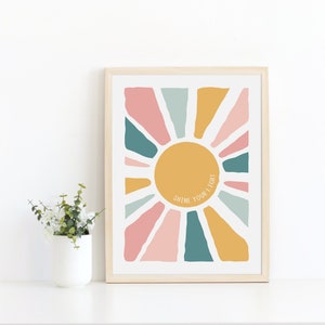 Impressão de parede Shine your light, download instantâneo, arte de parede para impressão, impressão de sol, decoração de berçário, quarto de criança, decoração de verão, decoração de sala de aula