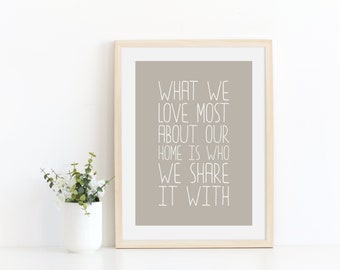 What we love most about our home is who we share it with, Instant Download, Printable Wall Art, Inspirational quote, Home decor, Family gift