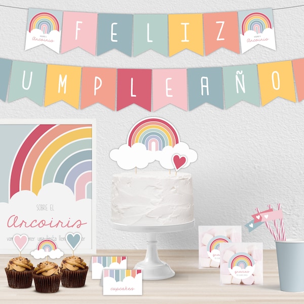 SPANISH Rainbow Party Kit Printable, Instant Download, Birthday Party Pack, DIY Party Decorations, Rainbow Birthday Decorations