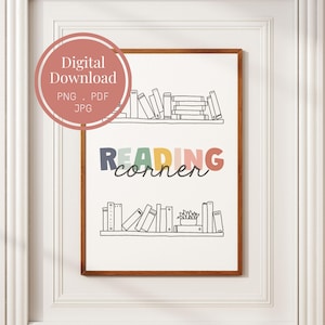 Reading Corner Sign | Rainbow Classroom Decor | Book Nook Educational Poster | Let&#39;s Read Printable | Reading Nook Wall Art | Library Print