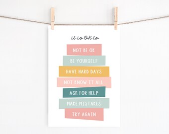 Póster "Está bien no estar bien": Afirmaciones infantiles para imprimir (Descarga digital - PDF, JPG)