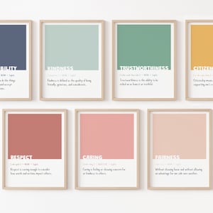 Puede incluir: Conjunto de 8 impresiones de arte de pared imprimibles con un diseño minimalista. Cada impresión presenta un color diferente y una palabra relacionada con el desarrollo del carácter, como la responsabilidad, la amabilidad, la confianza, la ciudadanía, el respeto, el cuidado y la justicia. Las palabras están impresas en blanco y las definiciones están debajo de cada palabra.
