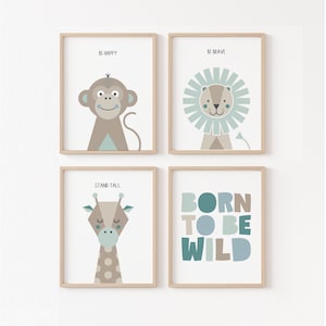 4er Set Safari Tiere Poster, Dschungel Thema Wanddekoration, druckbare Wandkunst, Pastellfarben Kinderzimmer Dekor, Baby Tiere Illustrationen
