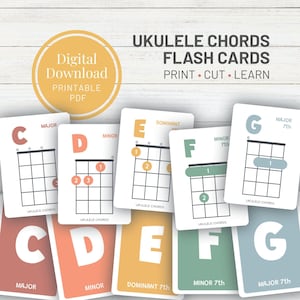 May include: Ukulele chord flash cards with diagrams for C, D, E, F, and G chords. The cards are white with colorful accents and the text "UKULELE CHORDS FLASH CARDS PRINT CUT LEARN". A digital download is available.