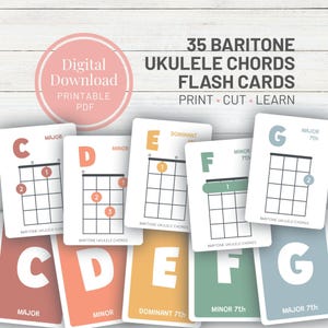 May include: A collection of baritone ukulele chord flash cards. The cards display chord diagrams for various chords, including C Major, D Minor, E Dominant, F Minor 7th, and G Major 7th. The cards are labeled "Print, Cut, Learn."
