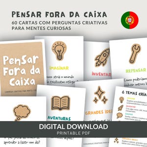 以下が含まれることがあります： Pensar Fora da Caixaと題された60枚のカードセットで、好奇心旺盛な心のための創造的な質問が書かれています。カードには電球、ロケット、レンチ、本、きらめきなどのアイコンが描かれており、ポルトガル語のテキストとデジタルダウンロードのラベルが付いています。