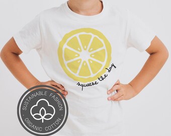Squeeze The Day Lemon  Kids' T-shirt | Funny Summer Tee for Kids | Soft Organic Cotton Top | Lemon Graphic Shirt | Butter Yellow Cute Tee