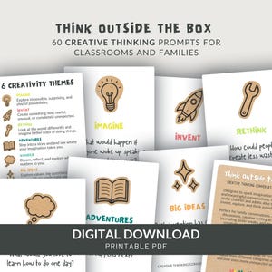 May include: A set of 60 creative thinking prompt cards for classrooms and families, featuring white cards with brown icon illustrations and colorful text. The cards include themes like Imagine, Invent, Rethink, Adventures, Wonder, and Big Ideas.