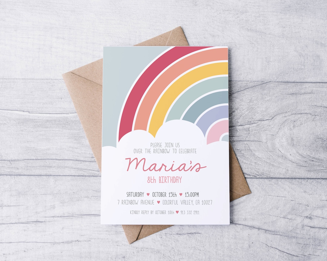 Rainbow Birthday Invitation, Printable Rainbow Party Invite, Girl's ...