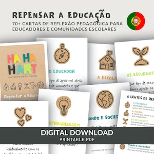 May include: A set of printable educational reflection cards titled Repensar a Educação, featuring icons like a compass, school, lightbulb, plant, heart, and globe. The cards include text in Portuguese, a brown paper texture, and a digital download label.