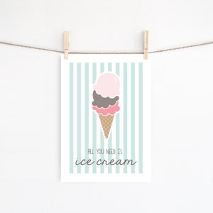Ice Cream Wall Print, Instant Download, Printable Wall Art, All you need is Ice Cream, Kids Room decor, Blue Nursery, Ice Cream Shop Decor