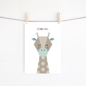 Giraffe Illustration Print, Jungle Animals Theme, Stand Tall Poster, Safari Kids Room, Baby Animals Prints, Pastel Colors Nursery Wall Decor
