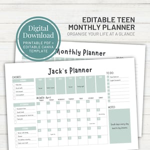 May include: A digital download of an editable teen monthly planner. The planner includes a calendar layout for April, with sections for chores, to-do lists, and notes. The design is in shades of white and teal, with the text "Jack's Planner".