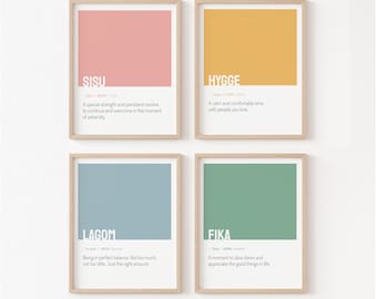 Scandinavian Words Prints: Set of 4 - Fika, Sisu, Hygge, Lagom Definition Posters (Digital Download - PDF, JPG)