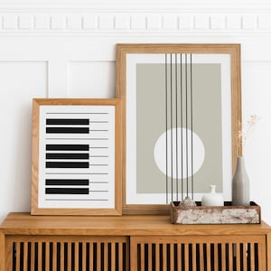2er-Set Musik Moderne Wandkunst, neutrale Wand-Dekor, Gitarre Illustration, Klavier Poster, minimalistischer Druck, Mid Century Geometrische Wandkunst
