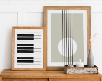 Conjunto de 2 láminas decorativas modernas con motivos musicales, decoración de pared neutra, ilustración de guitarra, póster de piano, lámina minimalista, arte de pared geométrico de mediados de siglo.