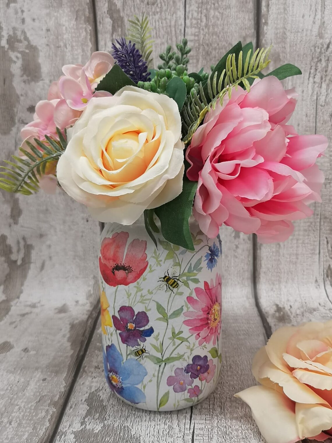 Handmade summer flower decoupage mason jar Etsy