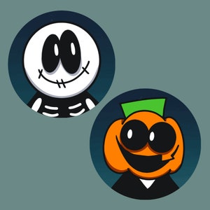 May include: Two cartoon characters with black eyes and mouths. The character on the left is a skeleton with a white face and a black body. The character on the right is a pumpkin with a green hat and an orange body.