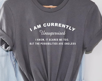 Ladies t shirt - I Am Currently Unsupervised, I Know It Scares Me Too - Cute funny slogan Novelty top