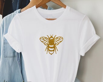 Bee - T shirt Glitter Print, Honey Bee sparkle tshirt with Silver or Gold print Trending Unisex fit, 100% soft cotton tee