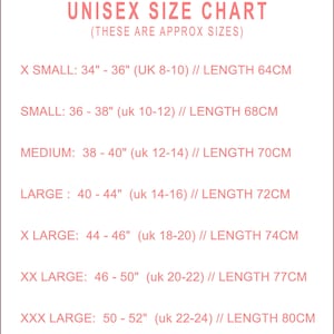 May include: A pink and white unisex size chart with measurements in inches and centimeters. Sizes range from X-Small to XXX-Large, with corresponding UK sizes and lengths in centimeters. The text reads "UNISEX SIZE CHART (THESE ARE APPROX SIZES)".