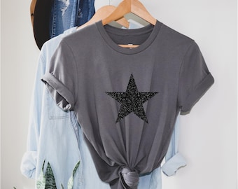 Star - Ladies T shirt Glitter Star, 100% cotton sparkle tshirt with Black / red glitter print Trending Girls Tee