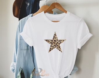 Stern-T-Shirt, Tierprint-Shirt, Leopardenmuster-Stern, 100 % weiche Baumwolle, trendiges Unisex-T-Shirt