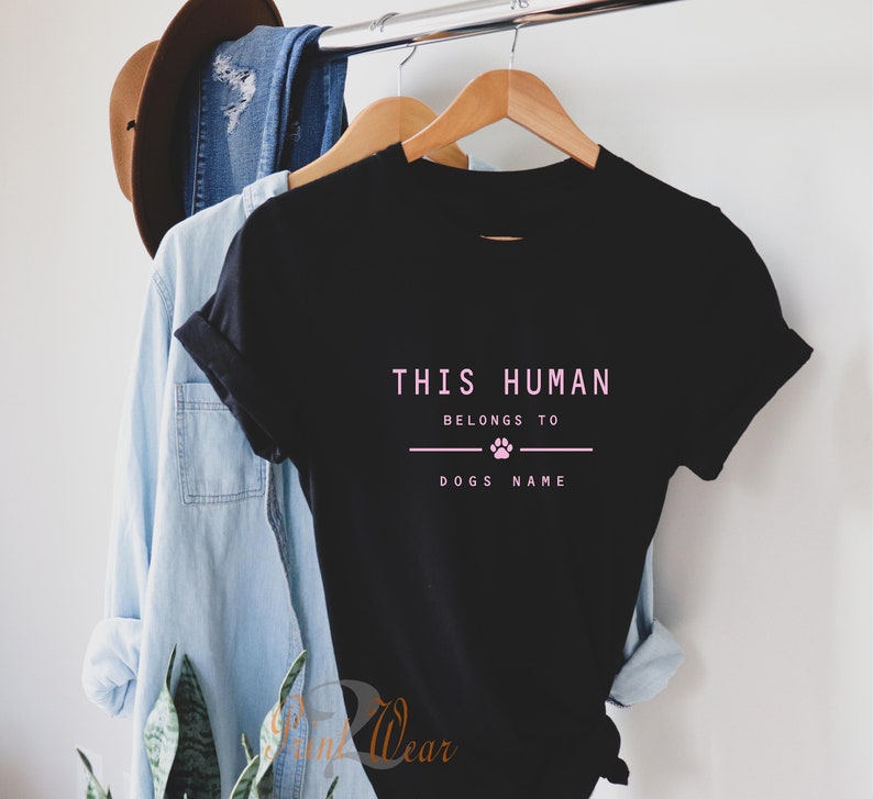 This Human Belongs to - Personalised dog T-Shirt - Dog owners Gift - Cat lover - pet owners T shirt - customised Add pet Names Black with pink