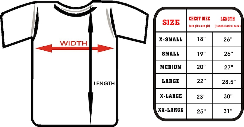 Puede incluir: Una tabla de tallas para una camiseta con medidas en pulgadas para el tama&ntilde;o del pecho y la longitud. La tabla muestra las tallas desde la XS hasta la XXL.