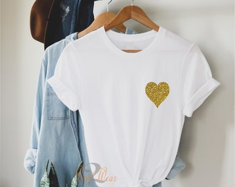 Heart - Ladies T Shirt Glitter Heart, Red or Gold 100